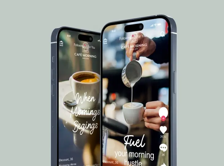Two smartphones showing Café Morning app with coffee images and texts: 'When Mornings Begin' and 'Fuel your morning hustle.'