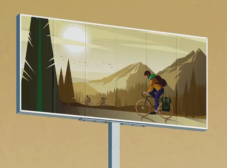 Billboard illustration showing a cyclist riding along a forested mountain road with two other cyclists in the background under a bright sun.