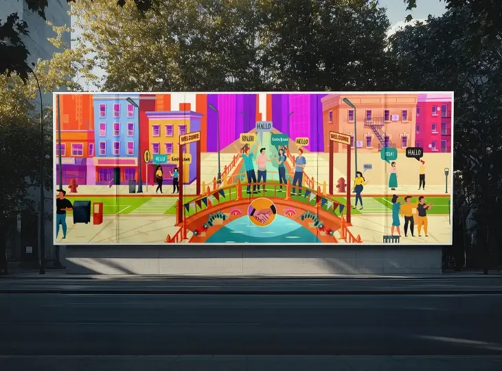 Brightly colored illustration of a city street with people on and around a red bridge, holding speech bubbles with greetings in various languages.