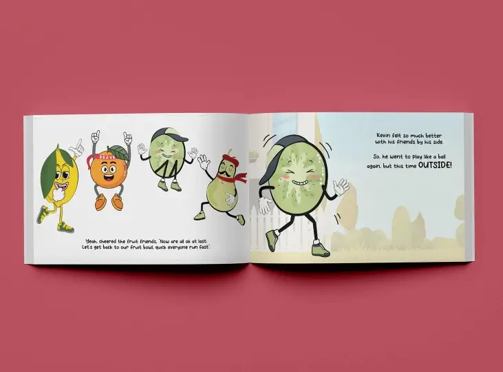 Children's book spread showing animated fruit characters running and text about Kevin feeling better and playing outside with friends.