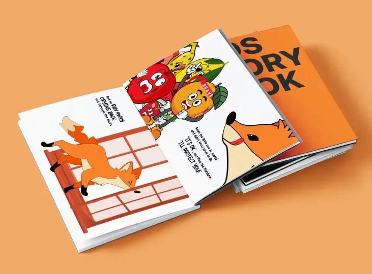 Open children's storybook showing a fox walking away from a window as fruits with faces talk, saying 'Don't run away crying fox. It's OK... I'll protect you!'