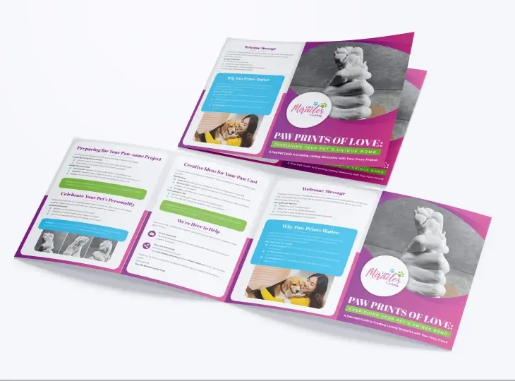 Tri-fold brochure titled 'Paw Prints of Love: Cherishing Your Pet's Unique Bond' featuring pet care tips, a welcome message, and images of a person hugging a small dog and stacked dog paw sculptures.