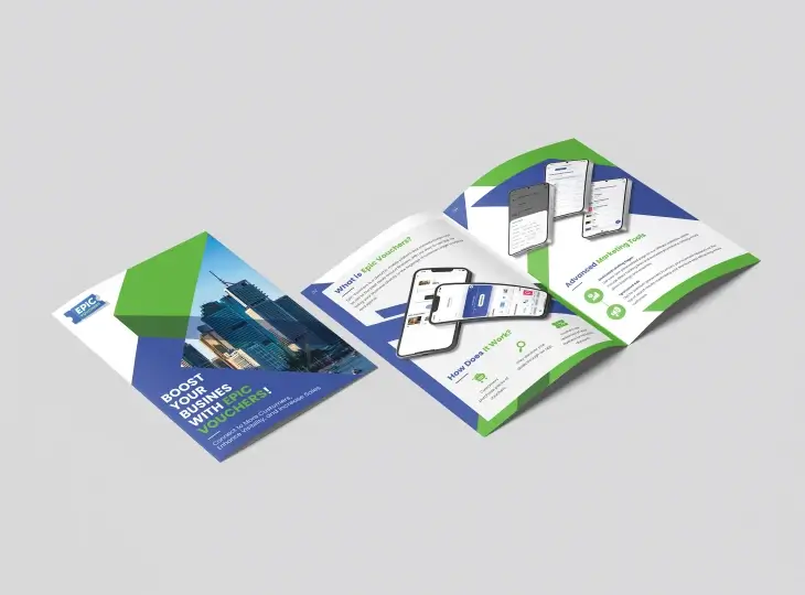 Open and closed Epic Vouchers brochure featuring cityscape photo, mobile app screenshots, and text about boosting business with Epic Vouchers.