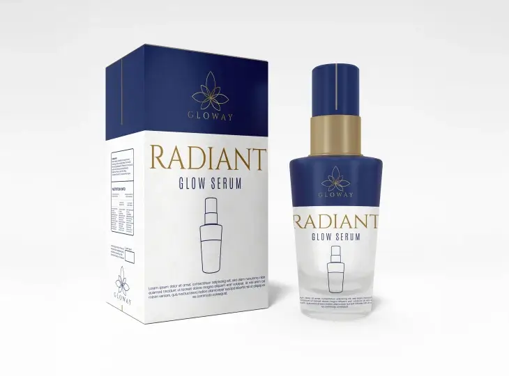 Gloway Radiant Glow Serum bottle and matching blue and white packaging box with gold accents.