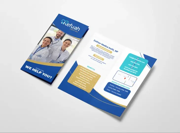 Refuah urgent care tri-fold brochure with cover showing a group of smiling healthcare professionals and text 'How can we help you?'. Inside panels detail nurse practitioner Esther Malka Selik, NP, benefits of the clinic, contact information, location map, and hours of operation.