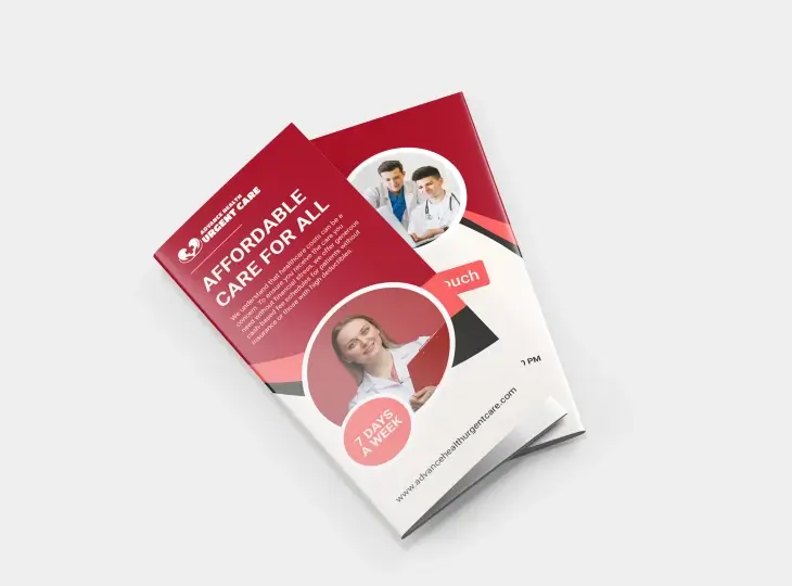 Brochure for Advanced Health Urgent Care featuring smiling healthcare professionals and text highlighting affordable care available 7 days a week.