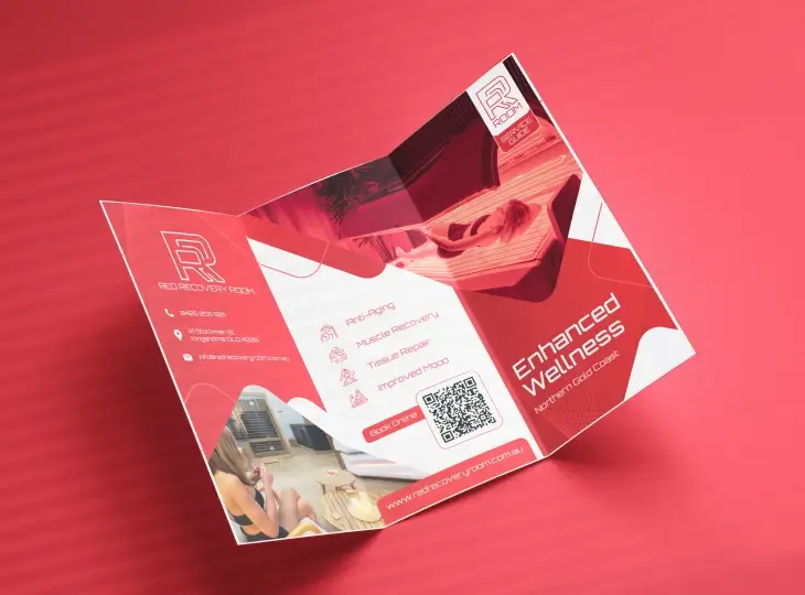Tri-fold brochure for Red Recovery Room featuring anti-aging, muscle recovery, tissue repair, and improved mood services, with a book online QR code.