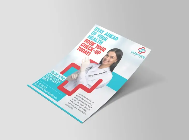 Flyer showing a smiling female doctor putting on a glove with text encouraging health check-ups and booking appointments.