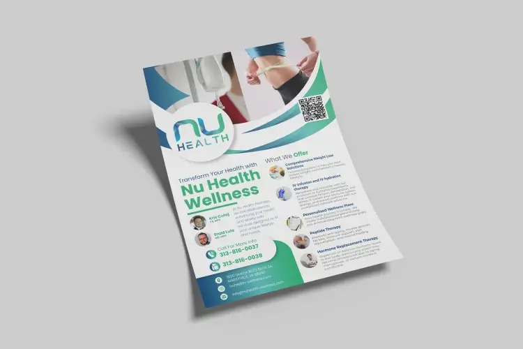 Nu Health Wellness flyer featuring weight loss and therapy services, contact info, and staff photos.