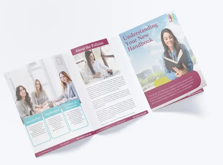Open and closed brochure titled 'Understanding Your New Handbook' featuring a smiling woman reading a book on the cover and sections on introduction, employment, and conduct & behavior inside.