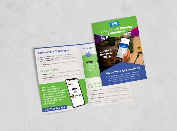 Open Epic Vouchers brochure showing mobile app benefits for improving dining experience, with a phone displaying the app and text highlighting no cost to join, key benefits, and contact number.
