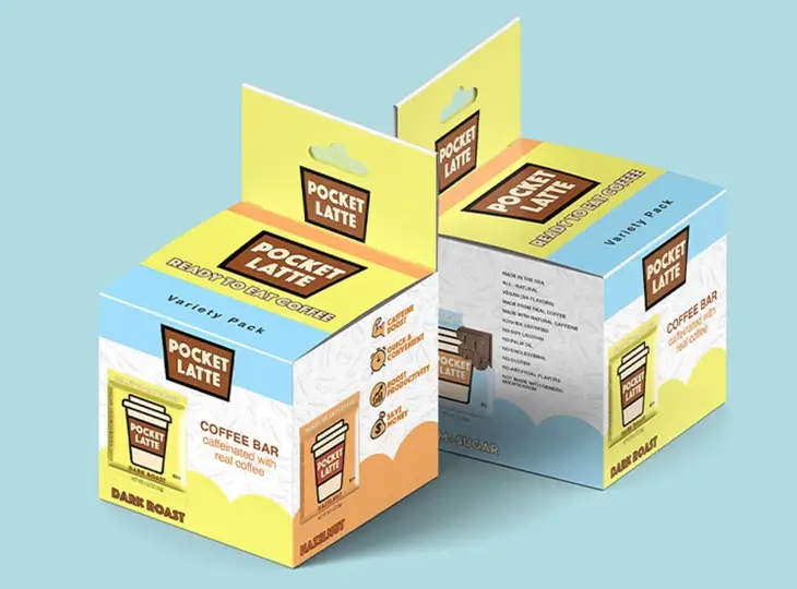 Two Pocket Latte variety pack boxes of ready-to-eat coffee bars, featuring dark roast and hazelnut flavors with colorful yellow, blue, and orange packaging.