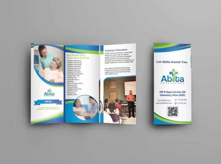 Abita Healthcare tri-fold brochure featuring home care services, training and education information, and contact details with logo and photos of caregivers assisting elderly patients.