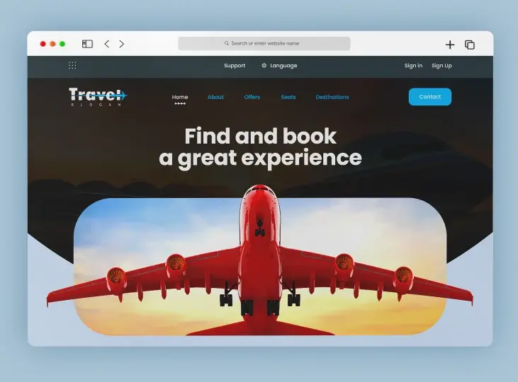 Website homepage with a red airplane viewed from below against a sunset sky and text reading 'Find and book a great experience'.