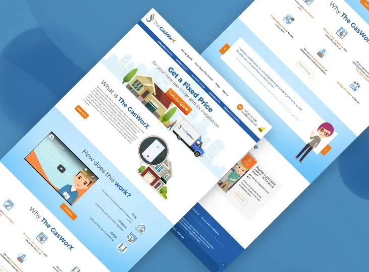 Screenshot of The GasWorx website featuring fixed price offers for new gas boilers and installations, with sections explaining how it works and reasons to choose their service.