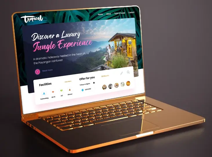 Gold-colored laptop displaying a website offering a luxury jungle experience with features like swimming, Wi-Fi, AC, and dinner.