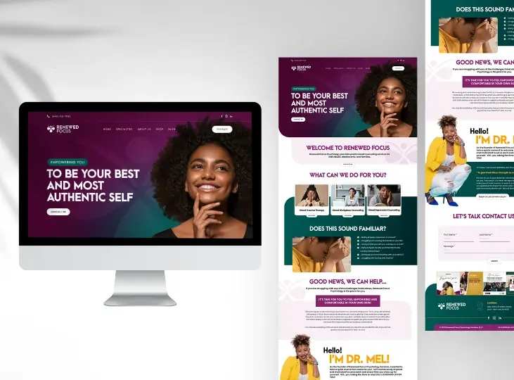 Website homepage design for Renewed Focus featuring a smiling woman, tagline 'To be your best and most authentic self,' and sections offering therapy and counseling services.