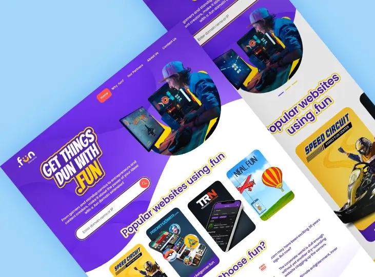 Bright website homepage with a gamer at a computer and text promoting .fun domain for popular gaming websites and brands.