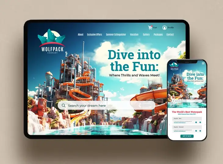 Tablet and smartphone screens displaying Wolfpack Company waterpark website with a large water slide structure and slogan 'Dive into the Fun: Where Thrills and Waves Meet!'