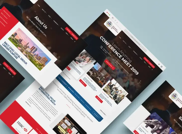 Screenshot of a business conference website featuring Learn Anything Conference Meet 2019, event photos, and an About Us section.