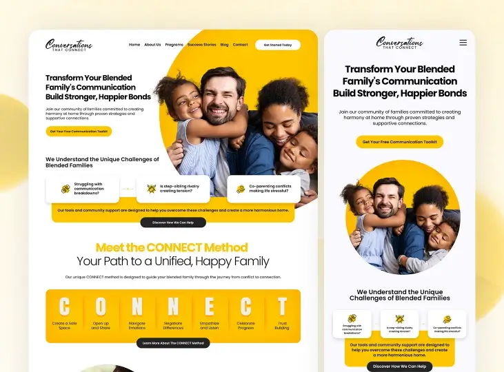 Website homepage for Conversations That Connect promoting blended family communication with a smiling family of four and sections explaining the CONNECT Method for building stronger family bonds.
