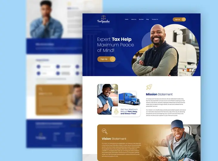 Website homepage for Tax Specialists featuring a confident man smiling, with text highlighting expert tax help, mission and vision statements, and images of people and a truck.