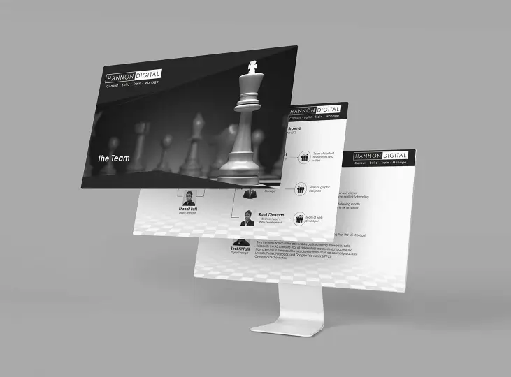 3D computer monitor displaying layered presentation slides titled 'Hannon Digital' with a chess king piece and team member profiles.