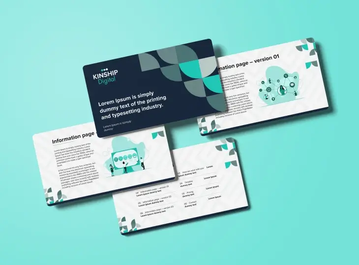 Set of four presentation slides with Kinship Digital branding, featuring lorem ipsum placeholder text and teal geometric shapes on a light teal background.