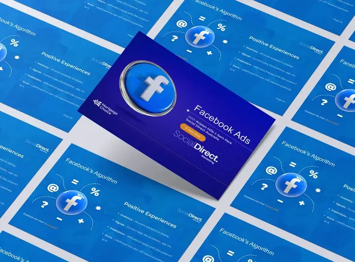Blue-themed presentation slides about Facebook Ads and Facebook's Algorithm, with a central slide featuring a large Facebook logo button and text about a Facebook Ads workshop.
