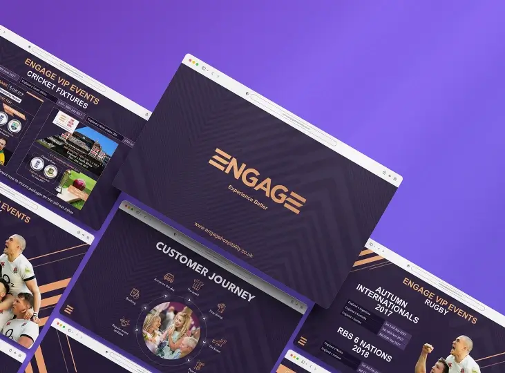 Multiple browser windows displaying the Engage Experience Botter website with sections on VIP cricket and rugby events and customer journey.