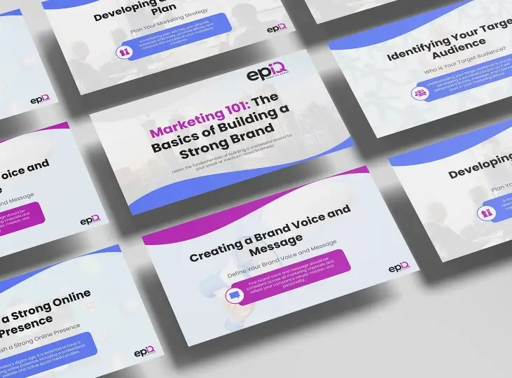 Presentation slides titled Marketing 101: The Basics of Building a Strong Brand, including topics like Creating a Brand Voice and Message, Developing a Plan, and Identifying Your Target Audience.