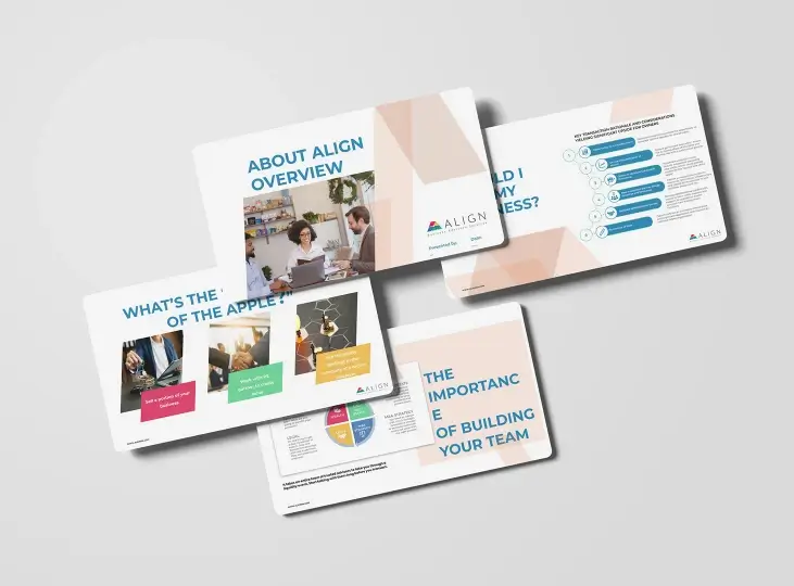 Presentation slides titled 'About Align Overview' featuring business people collaborating, key questions on building a business, the importance of building your team, and a diagram labeled 'What's the core of the Apple?'