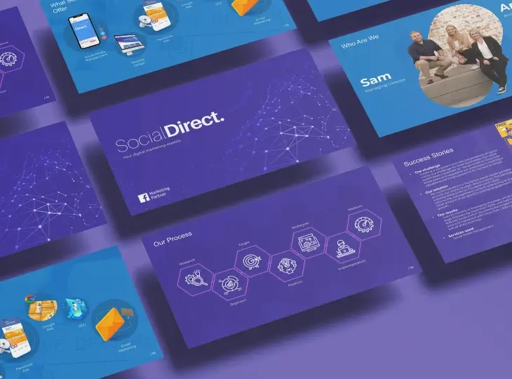 Presentation slides for SocialDirect digital marketing agency featuring process steps, team introduction, and success stories on a purple background.