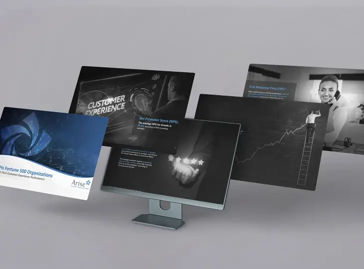 Computer monitor displaying floating business presentation slides about customer experience, Net Promoter Score, first response time, and customer service performance.