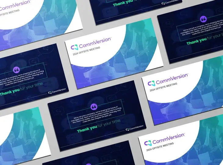 Multiple angled slides of a 2024 offsite meeting presentation for CommVersion, featuring a thank you message and company logo.