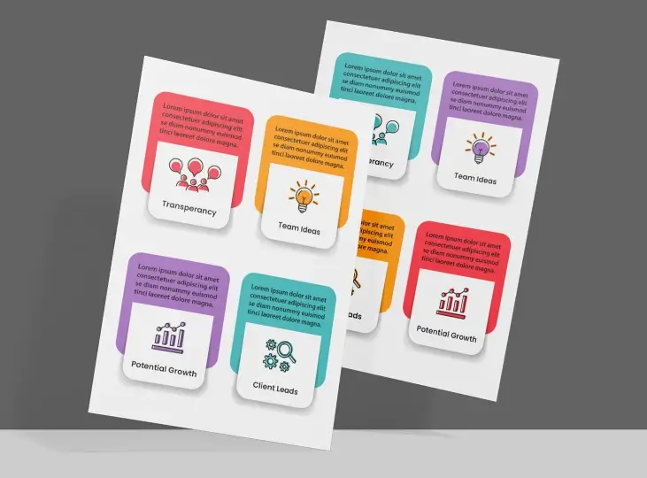Two overlapping infographics showing four colored square icons each, labeled Transparency, Team Ideas, Potential Growth, and Client Leads, each with a related symbol.