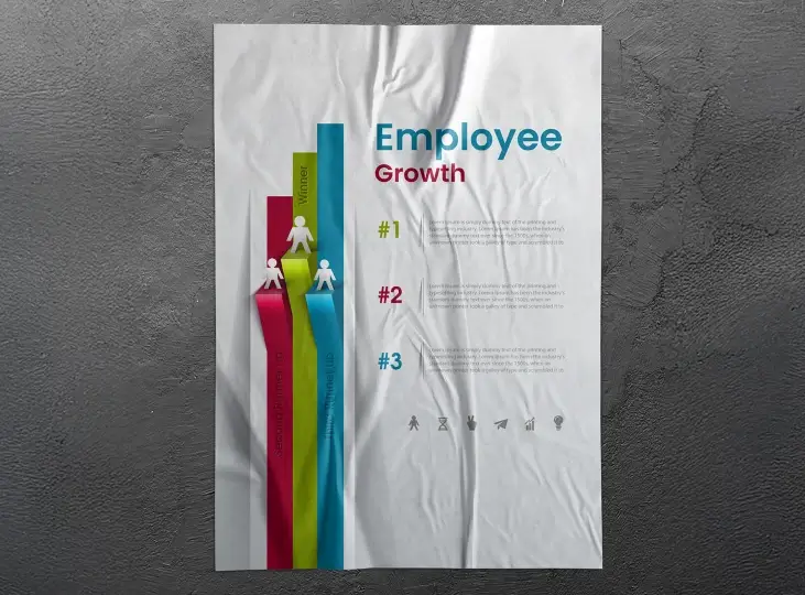 Infographic showing employee growth with three colored vertical bars labeled 'Second runner up,' 'Winner,' and 'First runner up,' each with an icon of a person climbing upward.