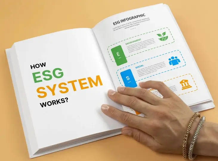 Person's hand holding open a book displaying an ESG infographic with sections on Environment, Social, and Governance.