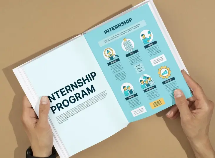 Hands holding an open book displaying an internship program overview with icons and descriptions for apprentice, skills, training, mentors, preparation, and proficiency.