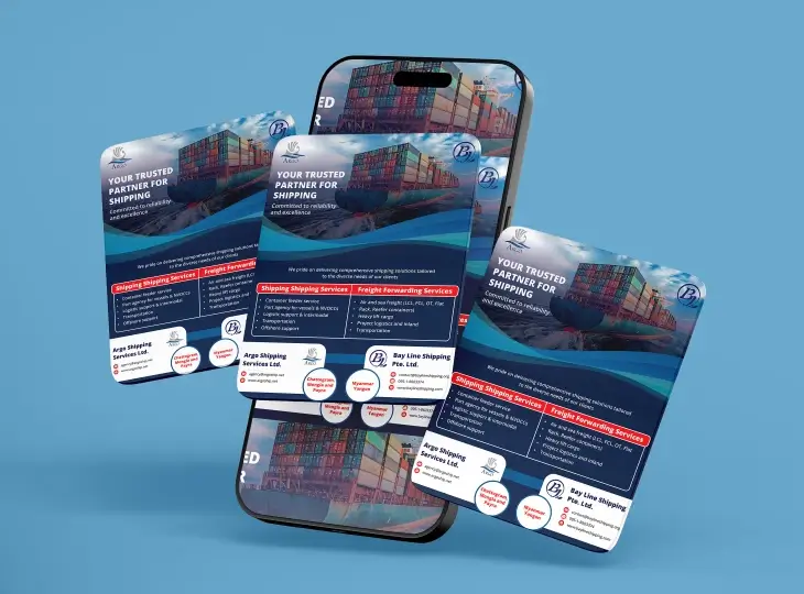 Mobile phone displaying a shipping service advertisement with three flyer cards showing containers at a port and shipping and freight forwarding services offered by Argo Shipping Services Ltd. and Bay Line Shipping Pte. Ltd.