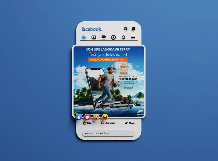 Facebook post advertisement for Koh Lipe Langkawi Ferry showing a man stepping out of a smartphone with tropical background and ferry, with ticket prices and booking details.