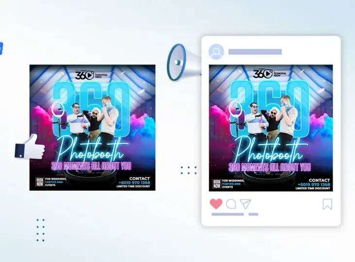 Digital advertisement for 360 Photobooth featuring three people enjoying with colorful smoke background, promoting services for weddings, parties, and events with a contact number and limited time discount.