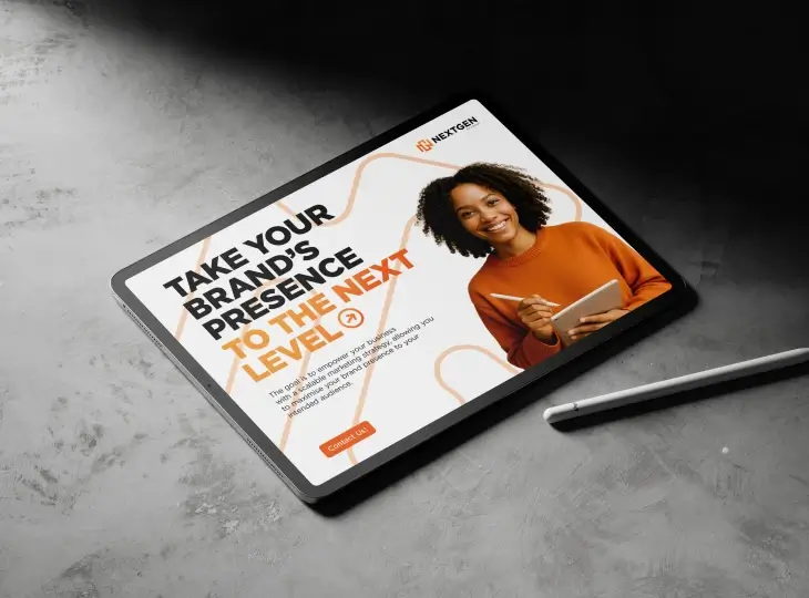 Tablet displaying an ad with a smiling woman in an orange sweater holding a stylus and text promoting brand presence with NextGen.