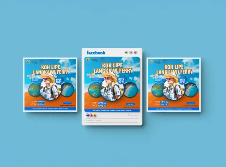 Advertisement for Koh Lipe Langkawi Ferry showing a woman in sunglasses and a hat, with tropical island images, pricing for adults RM160 and children RM140, and a call to book now.