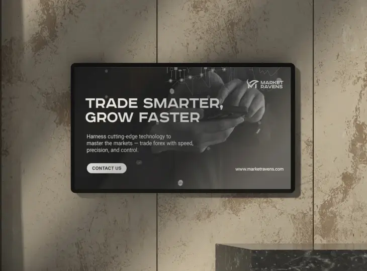 Digital screen on a wall displaying 'Trade smarter, grow faster' with a hand holding a smartphone, promoting Market Ravens forex trading technology.