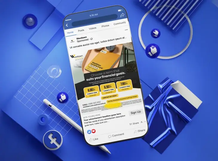 Smartphone displaying a Facebook ad for Westlawn Income Fund with financial term options, surrounded by blue-themed office items and social media icons.
