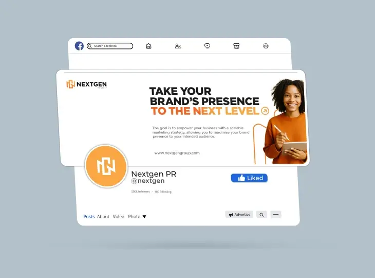 Nextgen PR Facebook page showing a banner with a smiling woman holding a tablet and text encouraging to take your brand's presence to the next level.