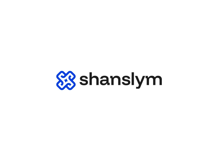 Shanslym logo with a blue geometric icon and black lowercase text.