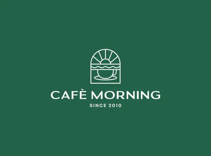 Logo with a stylized coffee cup on a saucer beneath a rising sun, text reads 'CAFÈ MORNING SINCE 2010' on a green background.