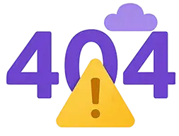 Purple numbers 404 with a yellow warning triangle containing an exclamation mark in front and two purple clouds above.